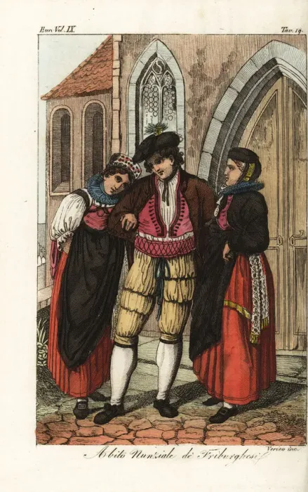 Framed Print : Wedding costumes in Fribourg, Switzerland, 18th century Framed Print : Wedding costumes in Fribourg, Switzerland, 18th century