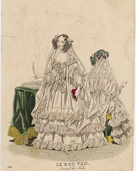 Wedding Dress 1840. A young bride about to sign the register wears a dress