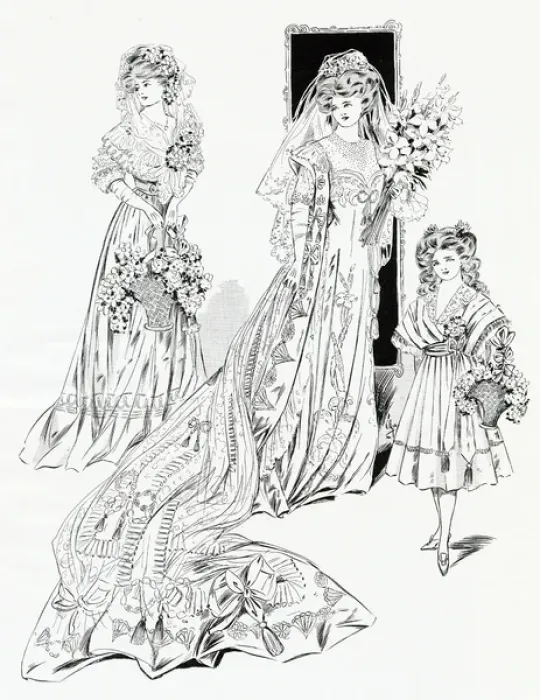 Framed Print : Wedding dress and bridemaids frocks 1907 Framed Print : Wedding dress and bridemaids frocks 1907
