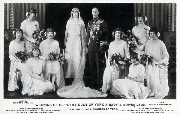 The Wedding of The Duke of York and Lady Elizabeth Bowes-Lyon (the future King George VI and Queen Elizabeth - herself later The Queen Mother) - pictured with bridesmaids - married in Westminster Abbey on 26 April 1923 Date: 1923