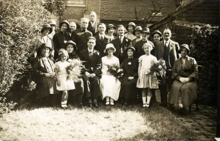 Framed Print : Wedding Group in Garden, Old Hill, Warwickshire Framed Print : Wedding Group in Garden, Old Hill, Warwickshire
