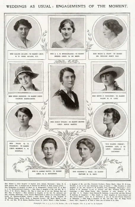Framed Print : Weddings as Usual - Engagements of the Moment. Page of young women getting married in August 1915 including, right hand side, third from the top, Gladys Treeby who married Lieut. Everard E. Calthrop on 3 August 1915 Framed Print : Weddings as Usual - Engagements of the Moment. Page of young women getting married in August 1915 including, right hand side, third from the top, Gladys Treeby who married Lieut. Everard E. Calthrop on 3 August 1915