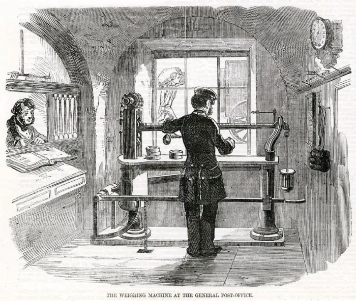 Framed Print : Weighing machine at the general Post Office 1856 Framed Print : Weighing machine at the general Post Office 1856