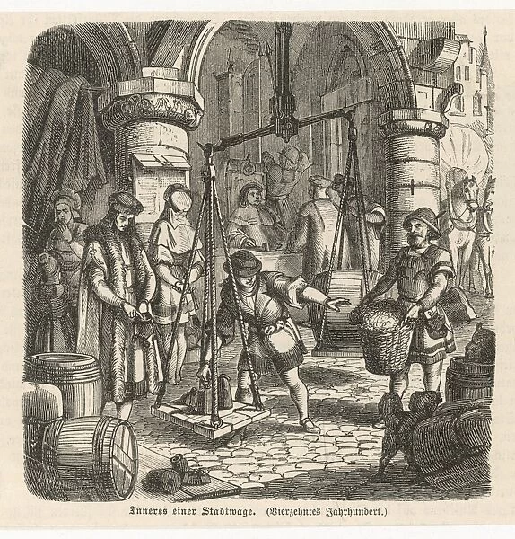 Weighing Produce. German merchants weighing produce on scales in a busy