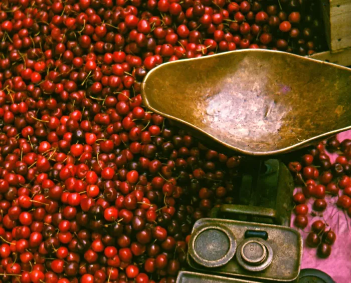 Framed Print : Weighing scales and cherries, London market stall Framed Print : Weighing scales and cherries, London market stall