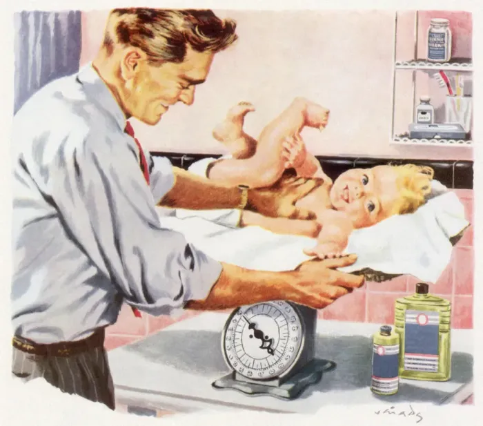 Framed Print : Weighing Squirmy Baby Date: 1947 Framed Print : Weighing Squirmy Baby Date: 1947