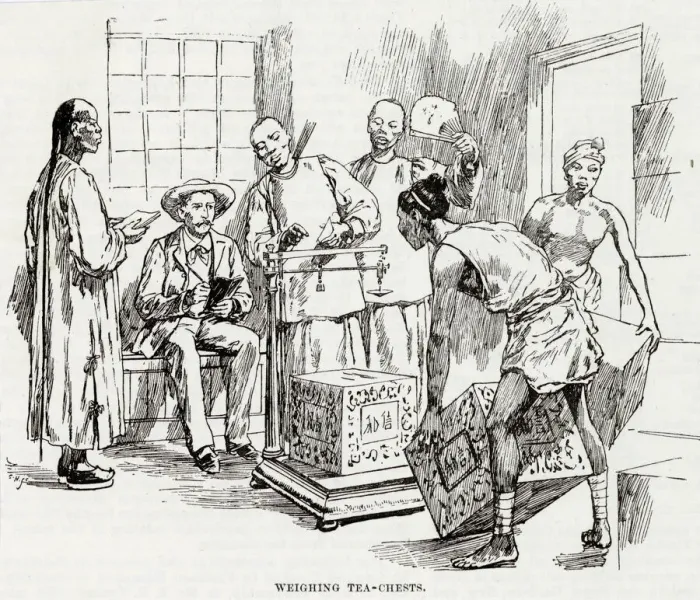 Framed Print : Weighing tea chests, China Framed Print : Weighing tea chests, China