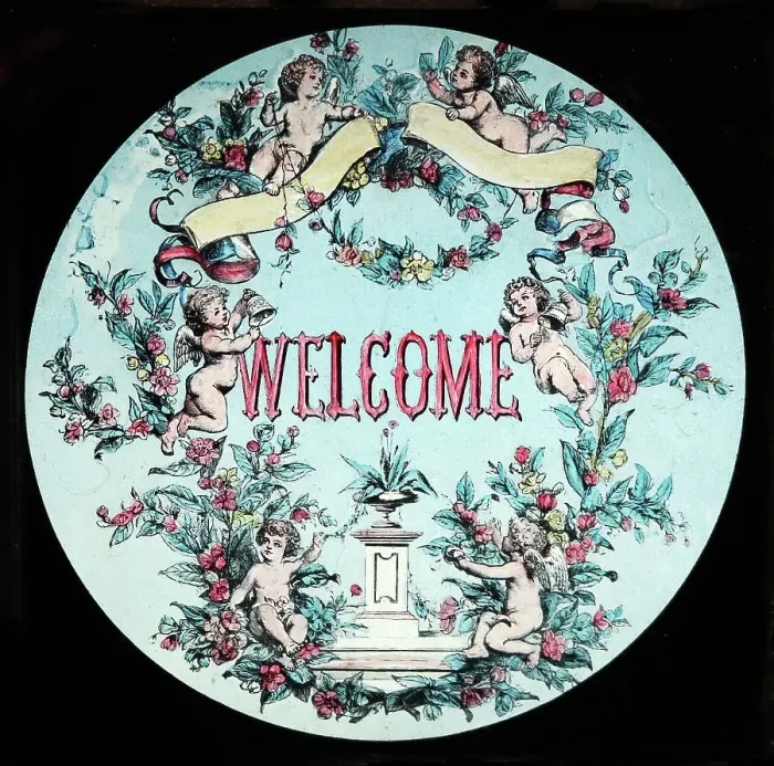 Framed Print : A Welcome magic lantern slide, Victorian period Framed Print : A Welcome magic lantern slide, Victorian period