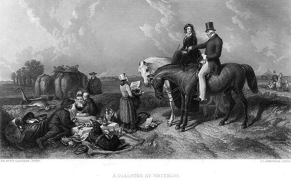 Wellington Revisits. Wellington shows a lady the battle field of Waterloo Date: circa 1850