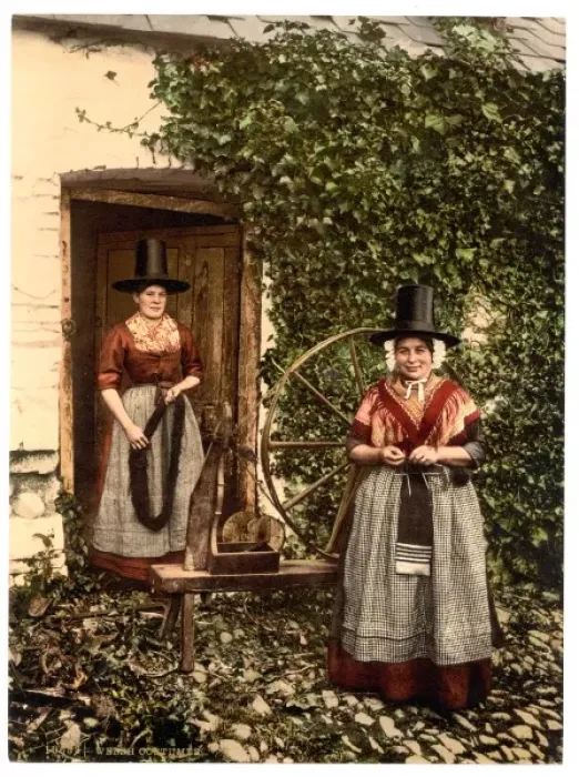 Framed Print : Welsh spinners and spinning wheel, Wales Framed Print : Welsh spinners and spinning wheel, Wales