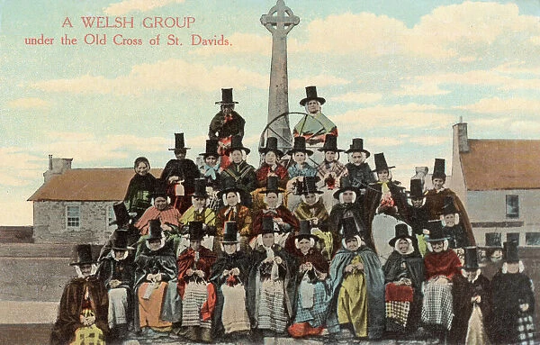 Welsh Women in Traditional Costume by Cross at St Davids
