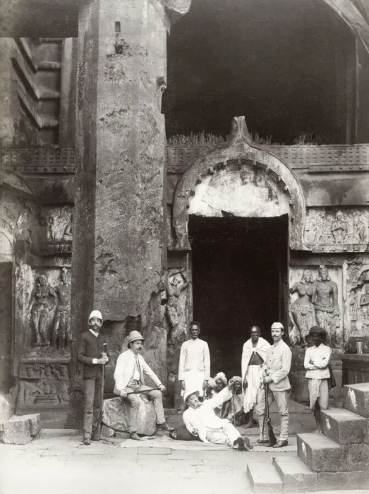 Framed Print : Westerners and native Indian men, temple, , India Framed Print : Westerners and native Indian men, temple, , India