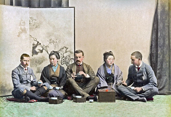 Westerns taking tea with geishas, Japan, circa 1890s