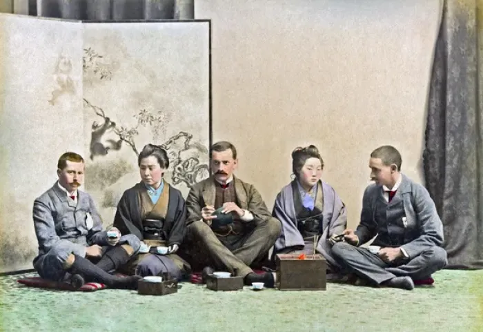 Framed Print : Westerns taking tea with geishas, Japan, circa 1890s Framed Print : Westerns taking tea with geishas, Japan, circa 1890s