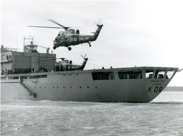 Framed Print : A Westland Wessex HAS3 flies over RFA Engadine (K08) Framed Print : A Westland Wessex HAS3 flies over RFA Engadine (K08)