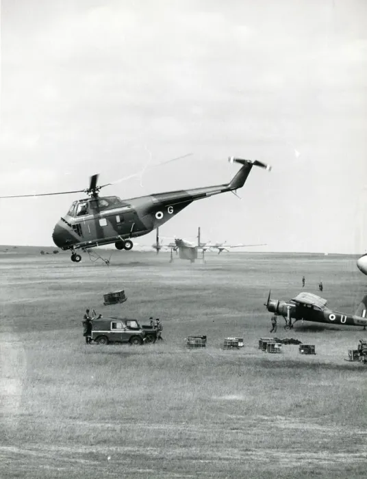Framed Print : Westland Whirlwind above a Blackburn Beverley C1 Framed Print : Westland Whirlwind above a Blackburn Beverley C1