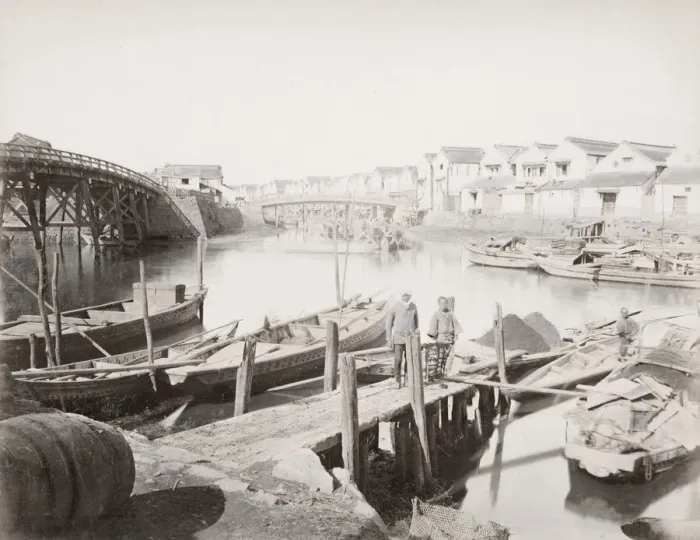 Framed Print : Wharf with boats and boatmen, Japan Framed Print : Wharf with boats and boatmen, Japan