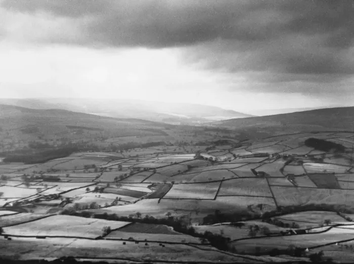 Framed Print : WHARFDALE. The patchwork quilt effect of Wharfdale, Yorkshire, England, as viewed Framed Print : WHARFDALE. The patchwork quilt effect of Wharfdale, Yorkshire, England, as viewed