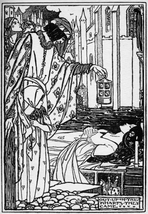 Framed Print : Out upon the wharfs they came. Illustration by Florence Harrison from Tennysons poem Framed Print : Out upon the wharfs they came. Illustration by Florence Harrison from Tennysons poem