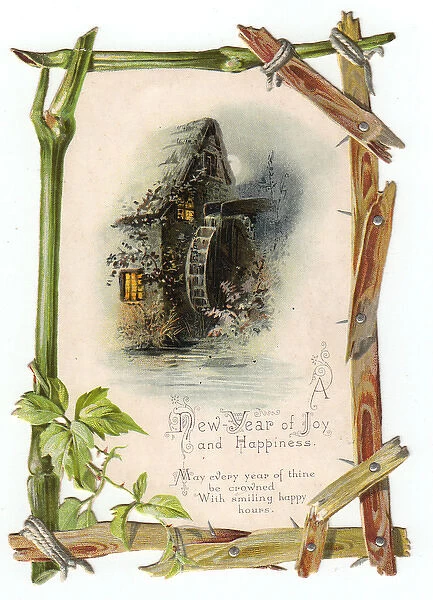 Mill and wheel on a cutout New Year card