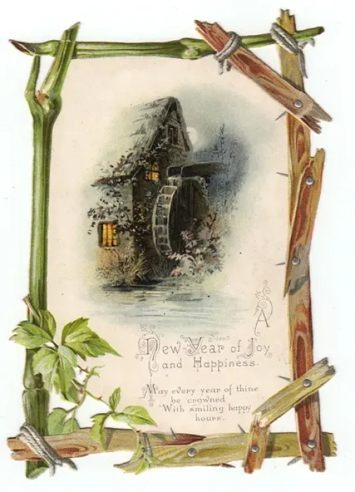 Framed Print : Mill and wheel on a cutout New Year card Framed Print : Mill and wheel on a cutout New Year card