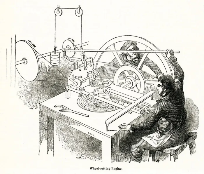 Framed Print : Wheel cutting at a clock factory, Moore and Co, London 1842 Framed Print : Wheel cutting at a clock factory, Moore and Co, London 1842