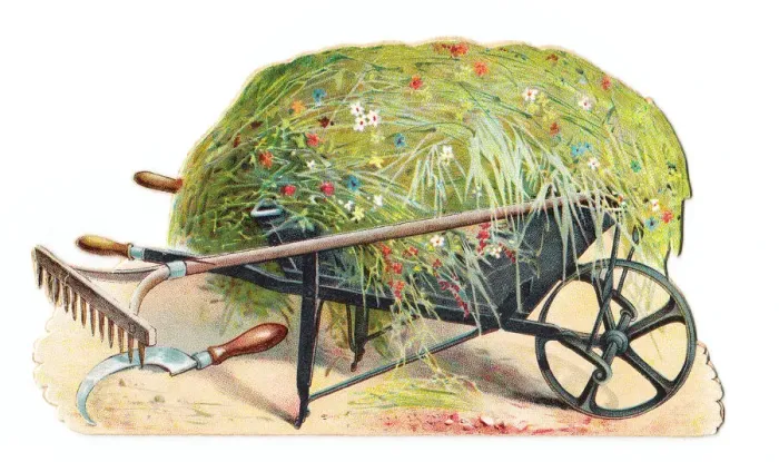 Framed Print : Wheelbarrow and tools on a cutout greetings card Framed Print : Wheelbarrow and tools on a cutout greetings card