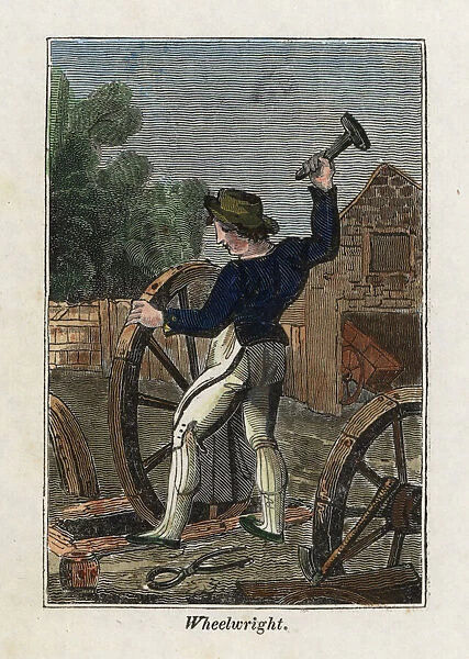 Wheelwright hammering a metal cover onto a