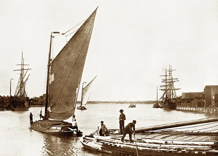 Framed Print : Wherries leaving for the Broads, Norwich, Victorian period Framed Print : Wherries leaving for the Broads, Norwich, Victorian period