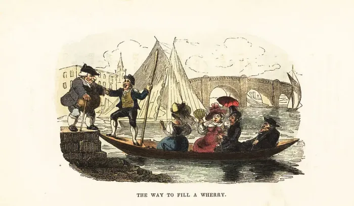 Framed Print : A wherry-man helps an obese man on to his wherry boat Framed Print : A wherry-man helps an obese man on to his wherry boat