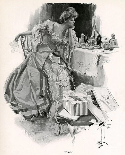 Which? 1906. Indecisive edwardian woman looking at her dressing table where