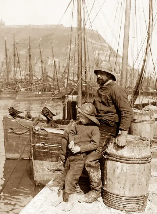 Framed Print : Whitby fisherman and his son, Victorian period Framed Print : Whitby fisherman and his son, Victorian period