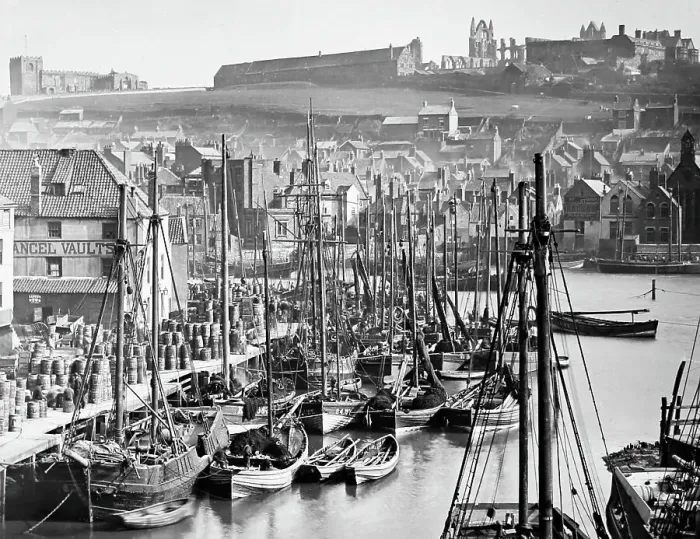 Framed Print : Whitby harbour and Abbey, Victorian period Framed Print : Whitby harbour and Abbey, Victorian period