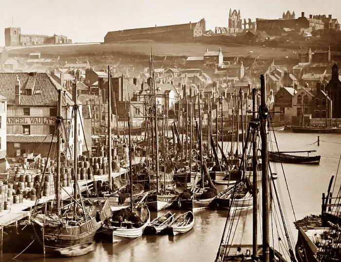 Framed Print : Whitby harbour and Abbey, Victorian period Framed Print : Whitby harbour and Abbey, Victorian period