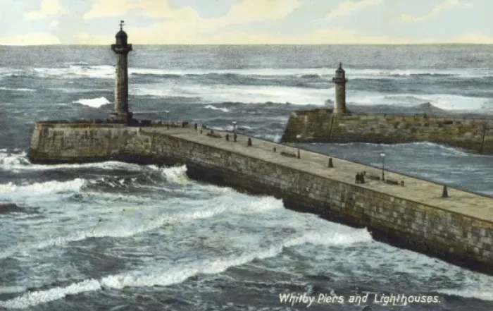 Framed Print : Whitby Piers and lighthouses, Yorkshire Framed Print : Whitby Piers and lighthouses, Yorkshire