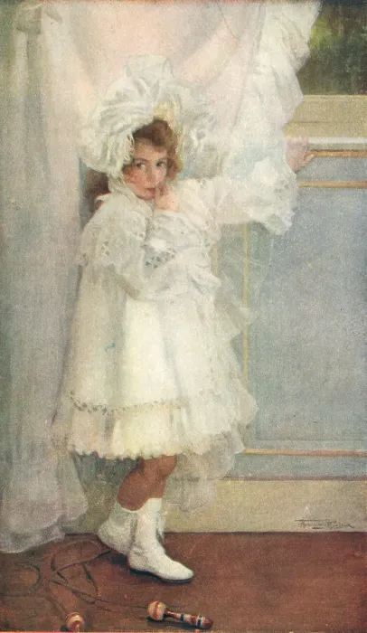 Framed Print : In White. A portrait painting of a young girl, wearing a distinctive white dress Framed Print : In White. A portrait painting of a young girl, wearing a distinctive white dress