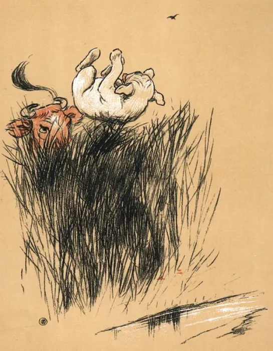 Framed Print : White bulldog thrown into the air by a bull in a field Framed Print : White bulldog thrown into the air by a bull in a field