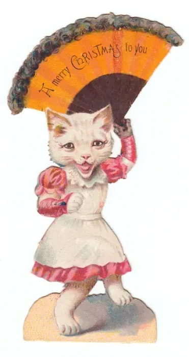 Framed Print : White cat with a fan on a cutout Christmas card Framed Print : White cat with a fan on a cutout Christmas card
