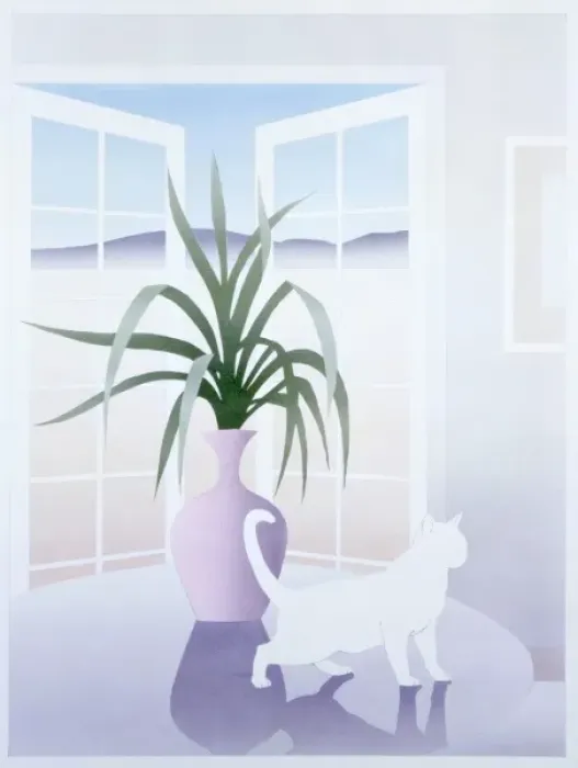 Framed Print : White cat on a table by an open window Framed Print : White cat on a table by an open window