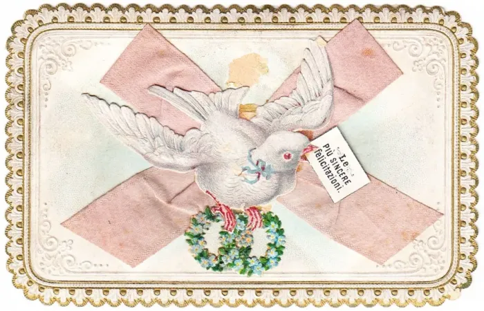 Framed Print : White dove on an Italian greetings card Framed Print : White dove on an Italian greetings card