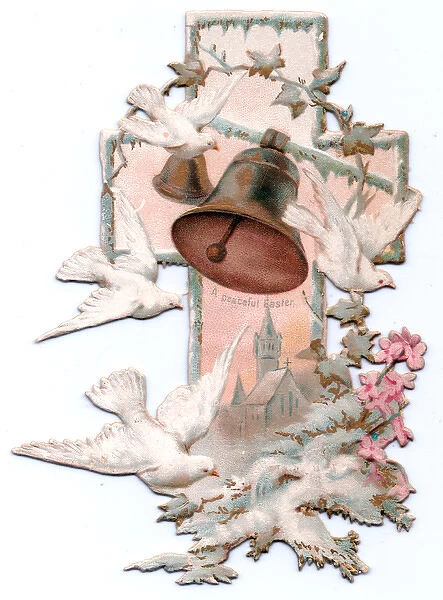 White doves and church bells on a cross-shaped card