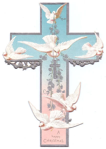 White doves on a cross-shaped Christmas card