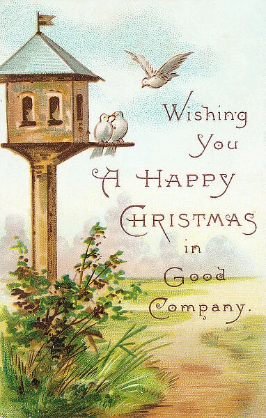 White doves and dovecote on a Christmas card