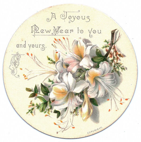 White flowers on a circular New Year card