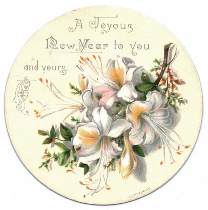 Framed Print : White flowers on a circular New Year card Framed Print : White flowers on a circular New Year card