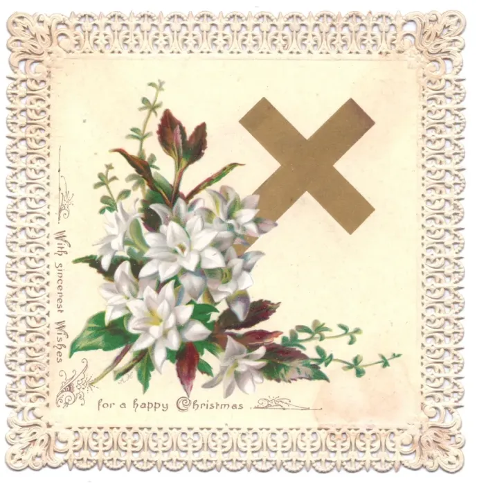 Framed Print : White flowers and cross on a Christmas card Framed Print : White flowers and cross on a Christmas card