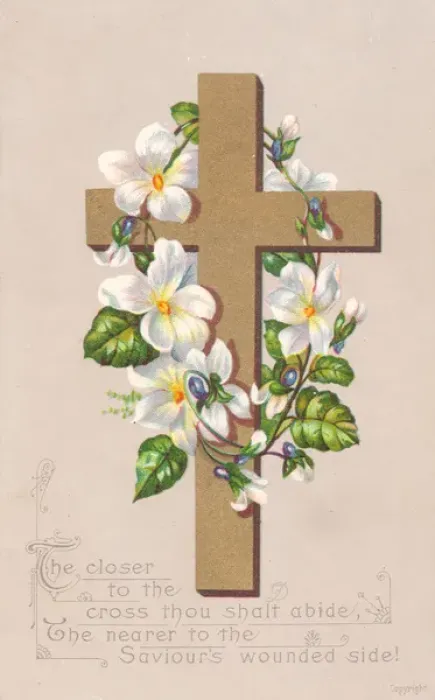 Framed Print : White flowers and a cross on an Easter card Framed Print : White flowers and a cross on an Easter card