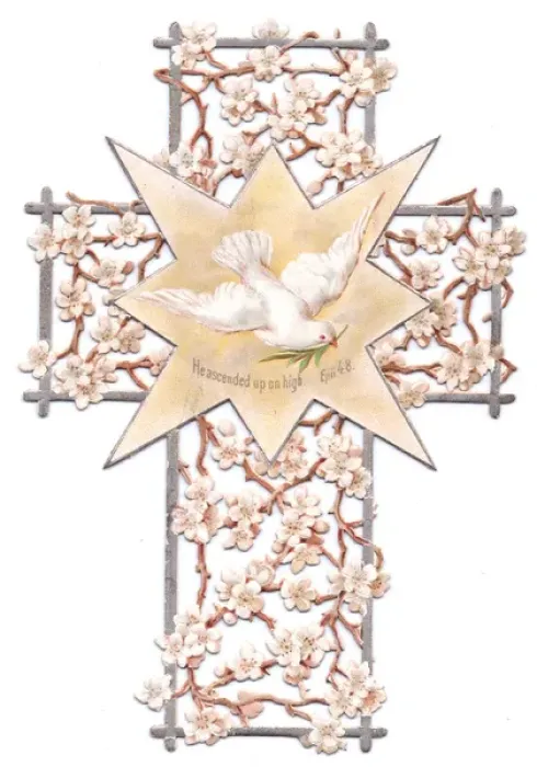 Framed Print : White flowers and dove on a cross-shaped Easter card Framed Print : White flowers and dove on a cross-shaped Easter card