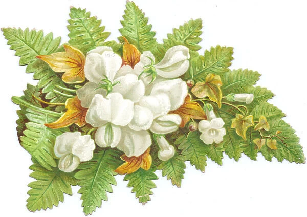 White flowers and a fern on a cutout Christmas card
