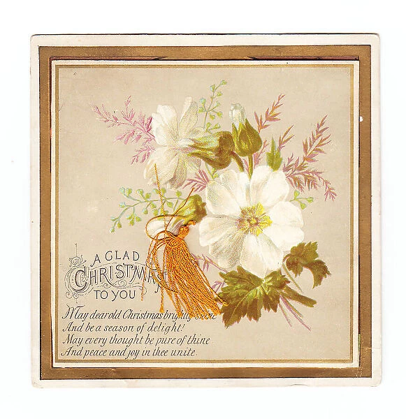 White flowers with orange tassel on a Christmas card